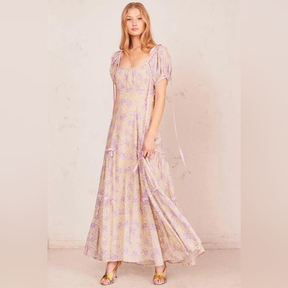LoveShackFancy Womens Jessie Floral Maxi Dress Sz 0 Purple Rain Drop Lined - Picture 1 of 13